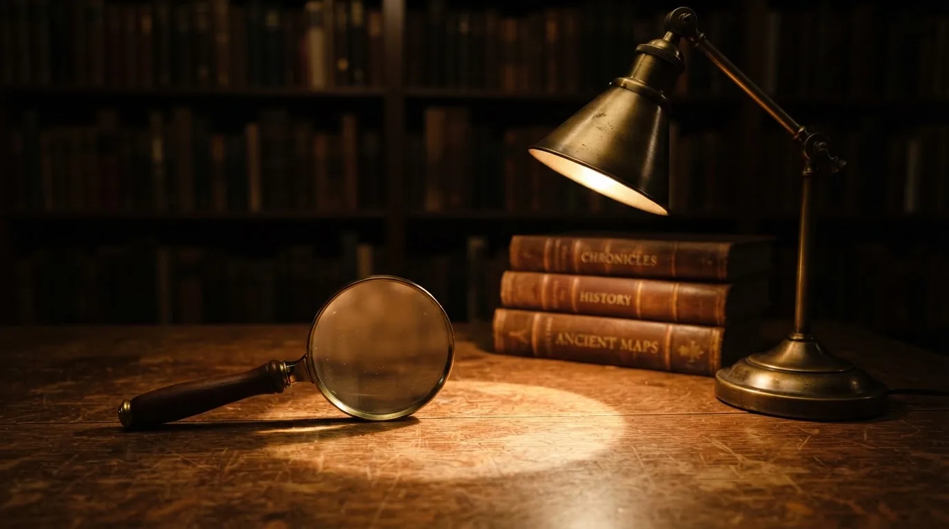 Ett förstoringsglas vilar på ett träbord bredvid en tänd skrivbordslampa i ett tyst bibliotek sent på kvällen.