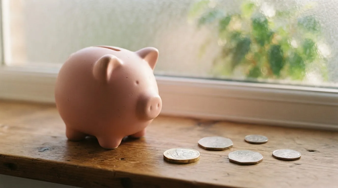 En sparbössa av keramik står på en fönsterbräda bredvid några enkronor, i mjukt morgonljus som faller in genom glaset.